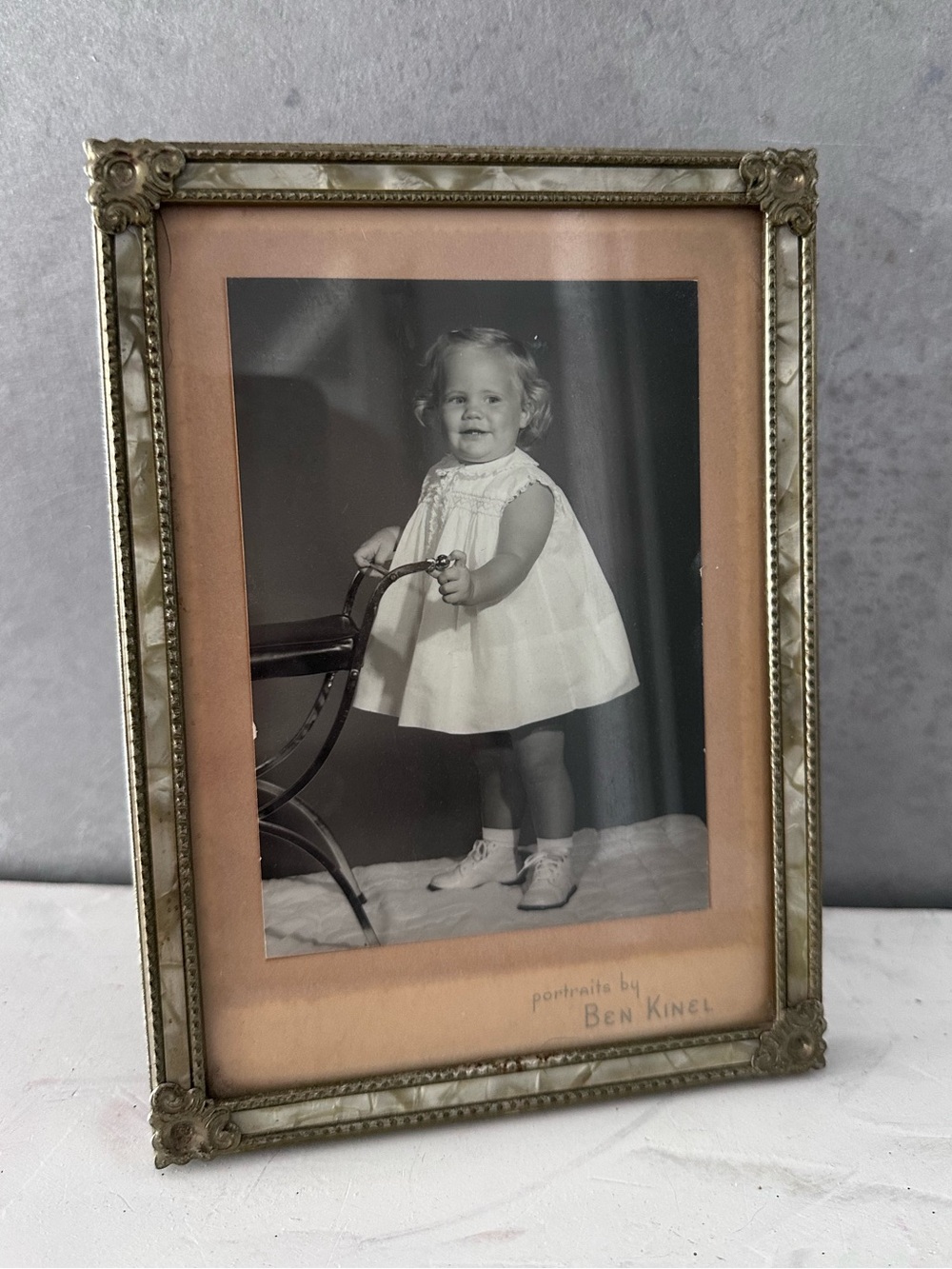 Vtg Baby Girl Photo Ornate Metal faux pearl liner Frame 5x7